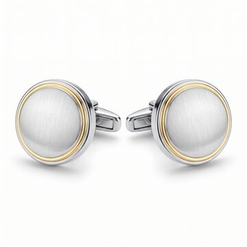Elegant and luxurious silver and gold metallic cufflinks with bright studio lighting, featuring a round brushed texture on a white background, perfect for formal mens fashion and business attire.