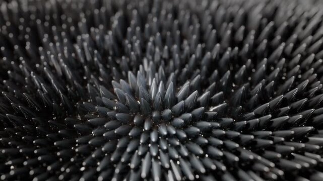 Macro view of iron filings forming a spiky abstract pattern under the influence of a magnetic field