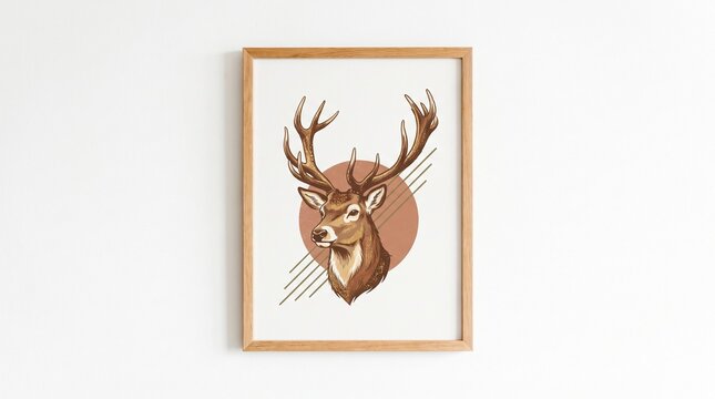 Framed deer illustration on white wall in minimalist interior design