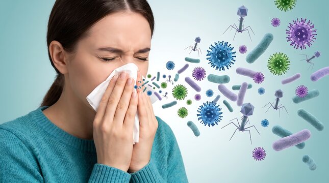 Young Woman Sneezing into a Tissue Spreading Viruses Bacteria and Pathogens in the Air Illustrating Concept of Seasonal Illness and Infection Transmission