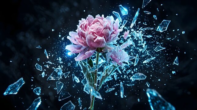 Pink peony flower surrounded by flying glass shards on dark background