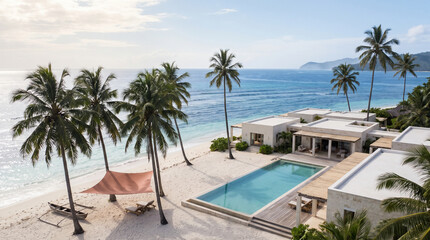 Fototapeta premium Beach resort with palm trees and swimming pool by the ocean 