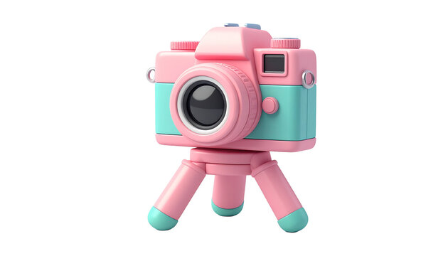 Cute pink and teal toy camera on a tripod, perfect for children's photography fun