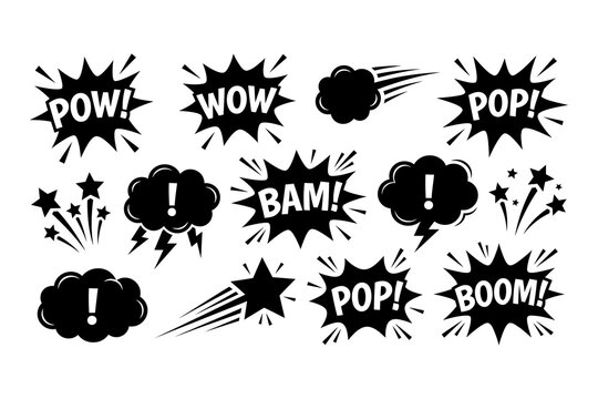 Comic speech bubbles with explosive sound effects in black silhouette vector style speech bubble pow sign wow text bam expression pop explosion