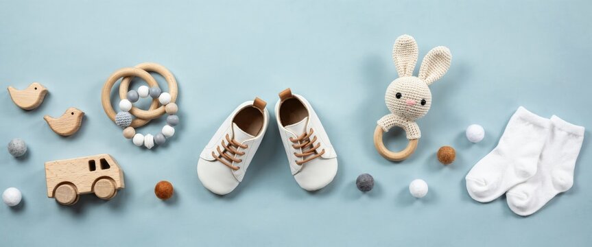 Baby shoes, wooden toys, and knitted rabbit rattle on blue background