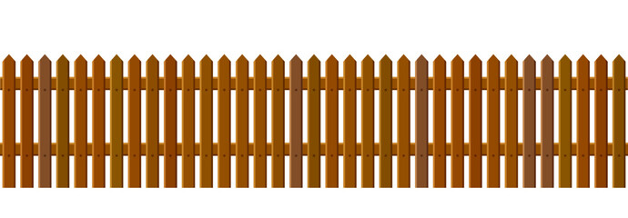 Plakat Wooden picket fence seamless background. Brown wood plank barrier for farm, park, backyard, frontward, garden, country field, palisade. Repeating rustic enclosure border. Vector illustration