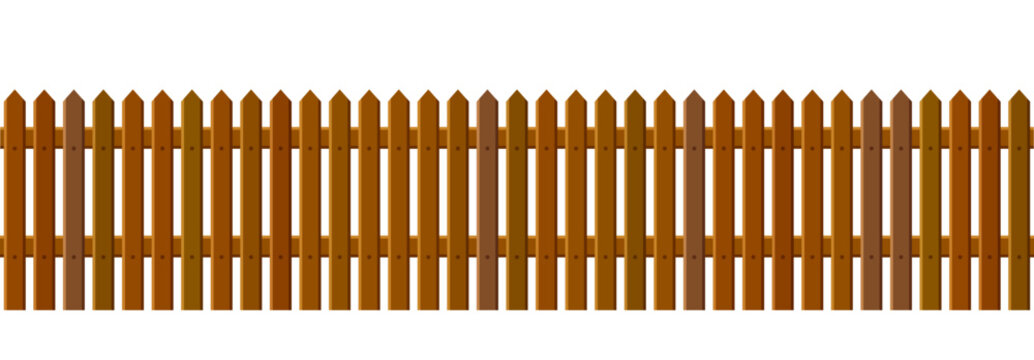 Wooden picket fence seamless background. Brown wood plank barrier for farm, park, backyard, frontward, garden, country field, palisade. Repeating rustic enclosure border. Vector illustration