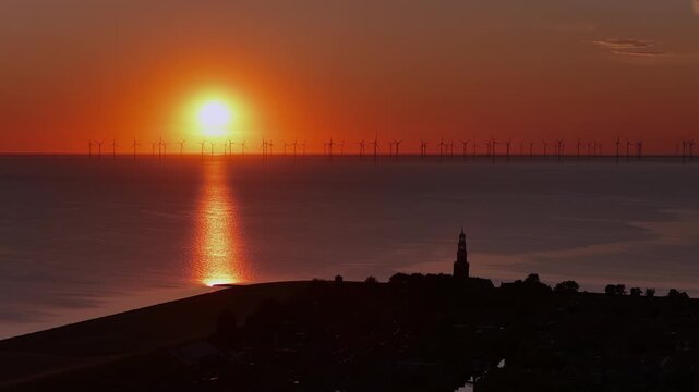 Aerial view of Hindeloopen at sunset in the Netherlands