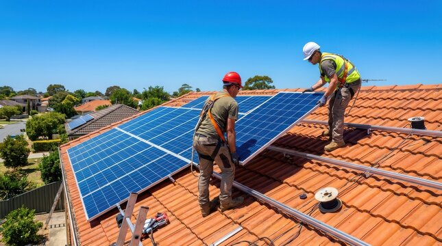 Solar panel installation by construction workers on terracotta tiled residential roof under bright blue clear skies.
