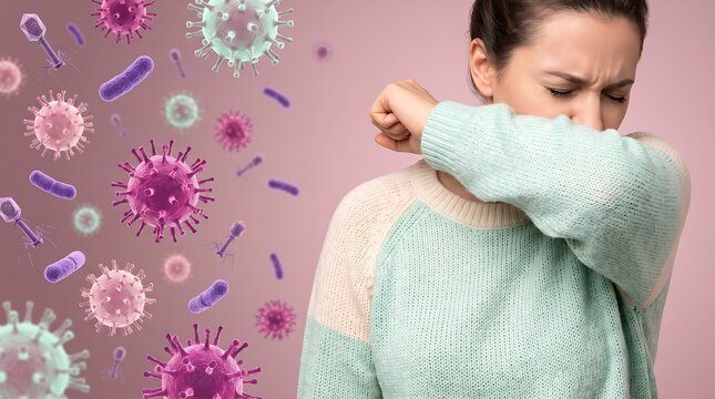 Sick woman coughing into her elbow to prevent spreading virus infection and flu germs