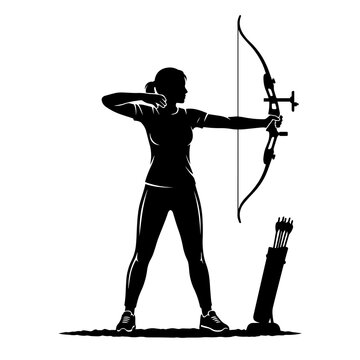 Female archer silhouette aiming compound bow with arrows in quiver