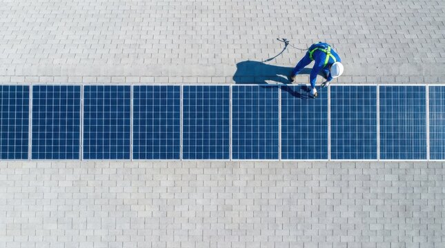 Solar panel technician in safety gear installs blue photovoltaic modules on gray rooftop during sunny day sky.