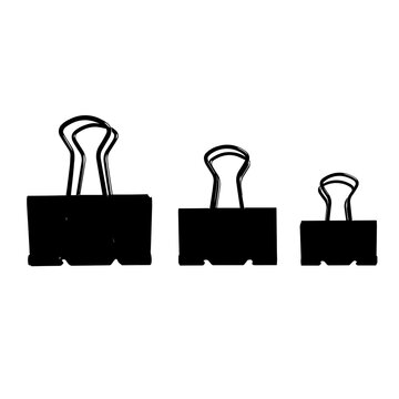 Three black binder clips vector silhouette graphic illustration with binder clip