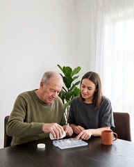 Fototapeta premium Care worker and older man sorting weekly medication into a pill organiser together