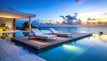 Fototapeta premium Serene infinity pool at a luxury villa oceanfront deck during a peaceful sunset. Two lounge chairs offer ultimate relaxation in a tranquil tropical resort with nobody around.