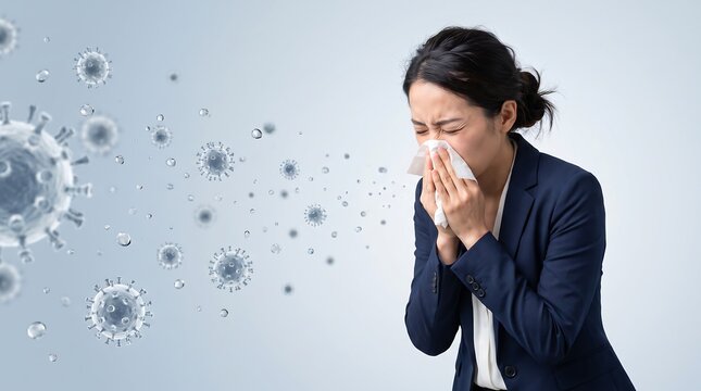 Professional Businesswoman Sneezing into Tissue Surrounded by Floating Virus Particles Representing Illness and Respiratory Infection Risk