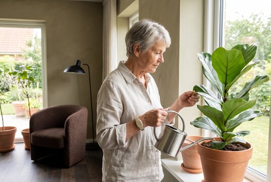 Older woman watering her plants at home wearing an emergency call wristband