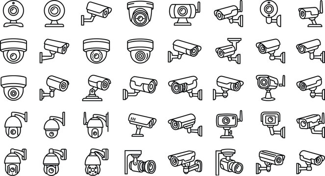 CCTV Security Camera Vector Icon Set with Surveillance Dome and Bullet Cameras for Private Protection Safety Monitoring Web and App UI Design