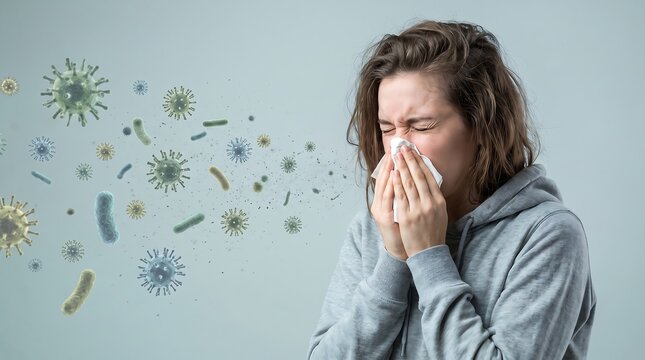 Young sick woman sneezing into tissue with airborne virus and bacteria pathogens spreading germs in the air during illness or flu