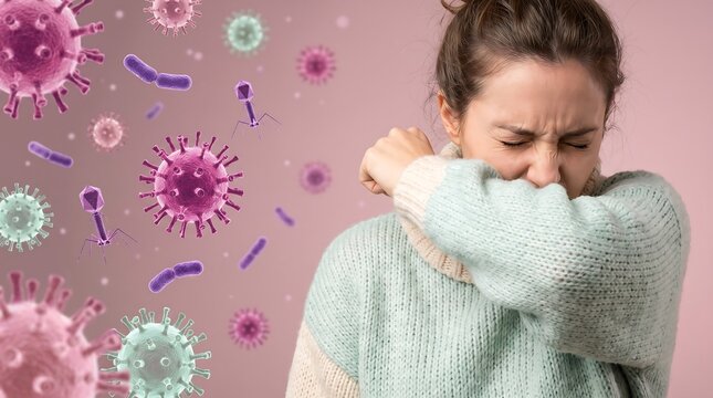 Sick woman coughing into her elbow to prevent spreading virus and bacteria during flu season with illustrative germ background