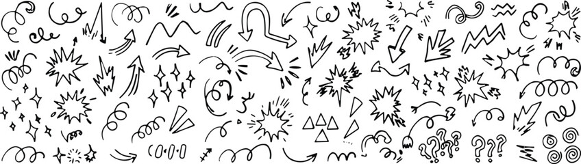 Fototapeta premium Hand Drawn Doodle Elements: A collection of whimsical hand-drawn doodles, including arrows, stars, swirls, and speech bubbles, offering a playful and creative element for design.