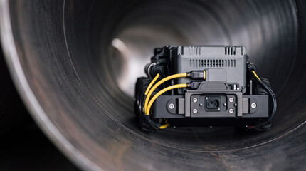 Fototapeta premium Autonomous pipeline inspection robot inside industrial metal pipe with cameras and cables