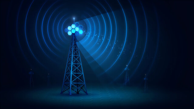 Communication tower broadcasting radio waves with glowing blue lights and signal rings in the night