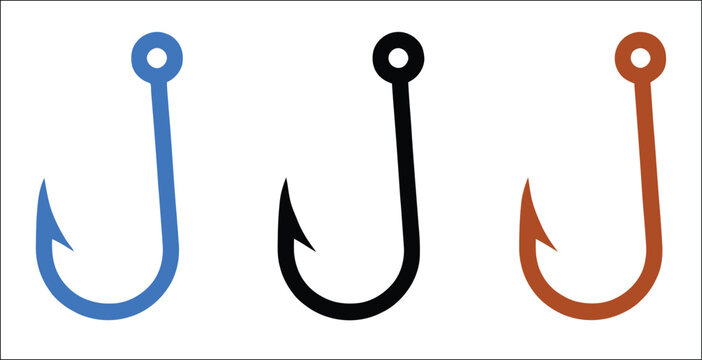 Hook icons, meat, fish and angling symbols featuring various fishing hook shapes, industrial butcher tools, outline silhouettes and vector graphics