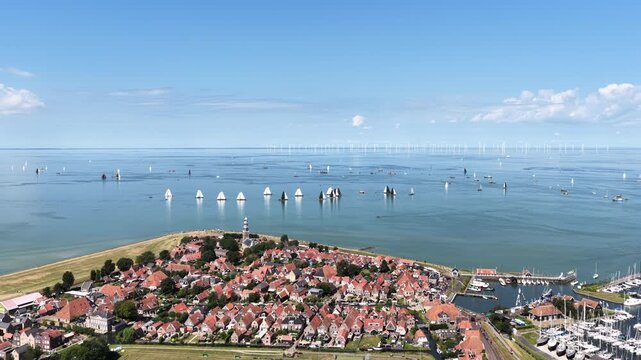 Aerial view of Hindeloopen on the IJsselmeer in the Netherlands