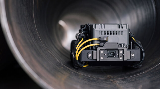 Autonomous pipeline inspection robot inside industrial metal pipe with cameras and cables