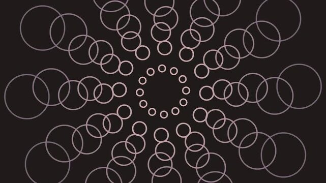Abstract geometric pattern with white circles arranged in a radial sunburst formation on a black background.
