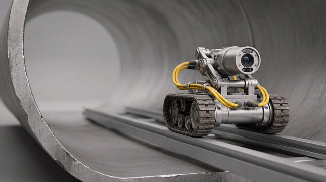 Industrial inspection robot crawler with camera inside large metal pipeline for pipe inspection