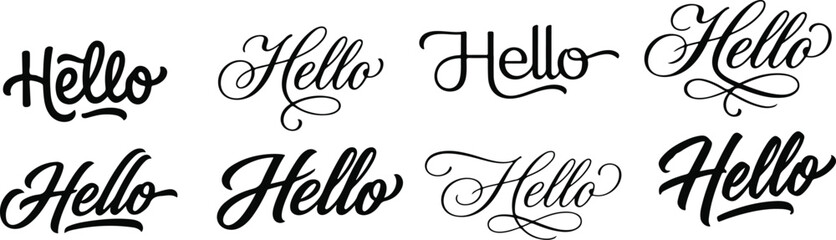 Collection of various artistic hello word designs in different calligraphy and hand lettering styles isolated on white © MOSTSHIMA
