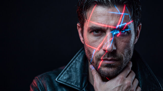 Intense neon portrait of man in leather jacket with futuristic laser face lines and cyberpunk mood
