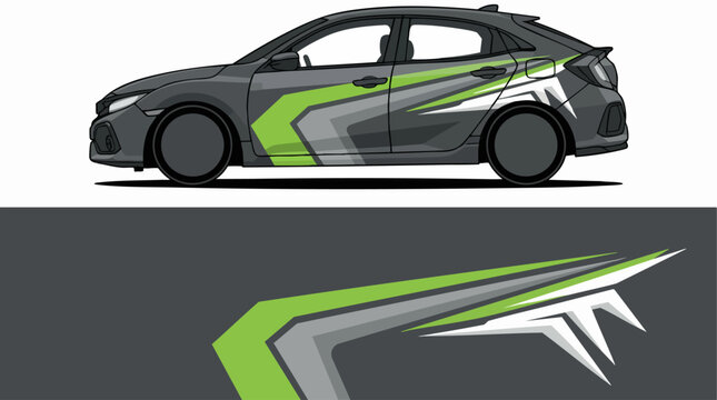 Gray hatchback car with green racing decals side view