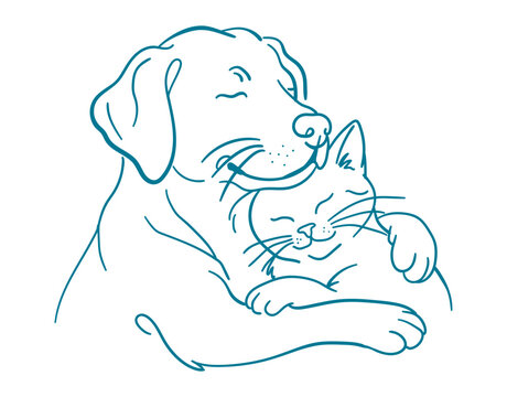 Line art illustration of a friendly dog hugging a cute cat