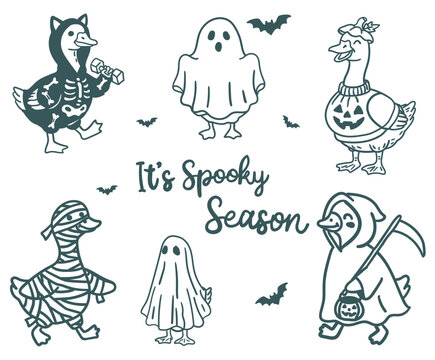 Cute halloween goose characters set with ghost, mummy, skeleton, and grim reaper costumes