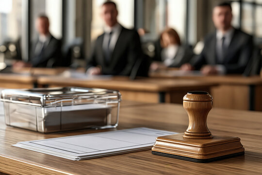 Wooden courtroom gavel and document on desk in professional law office