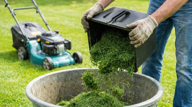 Worker wearing gloves empties black plastic container filled with freshly cut green grass into large metal bucket.