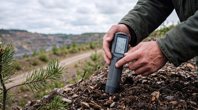 Hands holding soil moisture meter testing ground near young pine seedlings in reforestation site