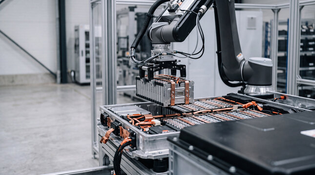 Robotic arm assembling electric vehicle battery packs in modern automated factory production line