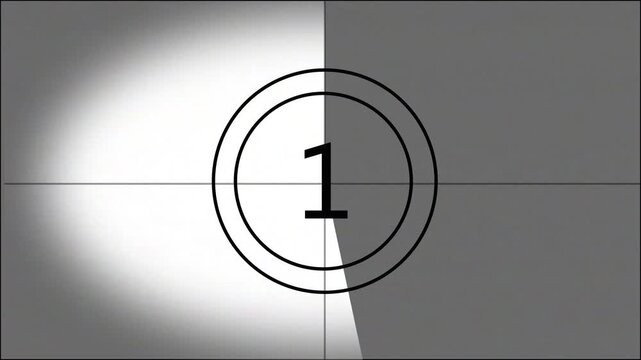 Classic monochrome film leader countdown featuring numbers 6 through 0 inside concentric circles with a rotating clock-hand wipe effect and vintage film grain/glitch artifacts.