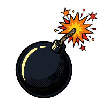 Cartoon bomb with burning fuse and explosion isolated on white background flat vector art
