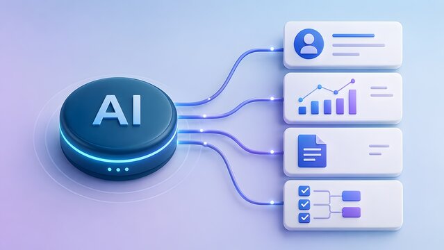 AI button connected to panels displaying data charts. Concept of machine learning algorithm and automated data processing.
