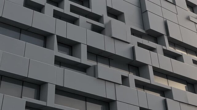 Modern Building Facade with Geometric Gray Box Pattern in Urban Architecture