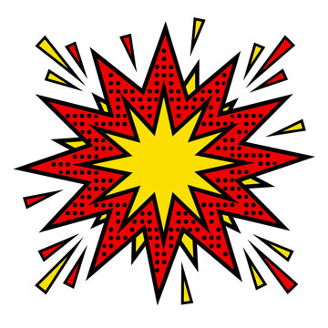 Comic book star burst explosion with red halftone texture and yellow inner focal point area