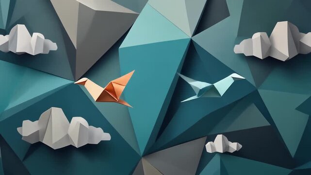 Low-poly origami cranes flying through abstract geometric clouds in a teal and orange digital landscape