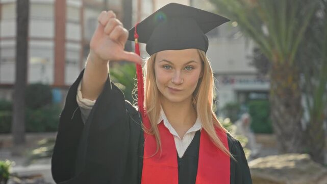 Woman in graduation gown and mortarboard gives thumbs down with extended hand toward camera in front of building; disapproval.