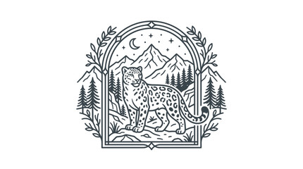 Fototapeta premium Snow Leopard Emblem Illustration, Mountain Landscape Silhouette, Vintage Style