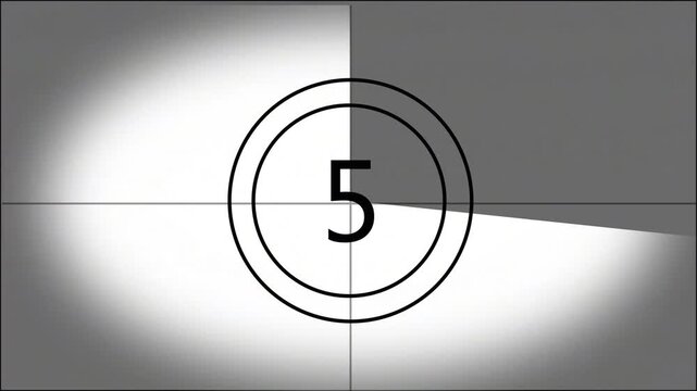 Classic monochrome film leader countdown featuring numbers 0 through 18 inside concentric circles with a rotating clock-hand wipe effect and vintage film grain/glitch artifacts.